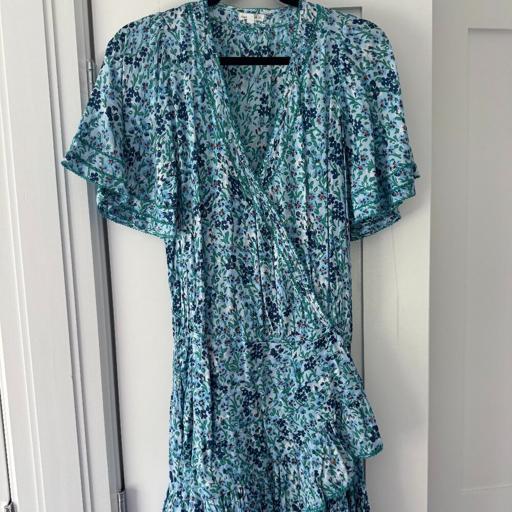 Poupette St Barth Floral Wrap Mini Dress Blue Green Ruffle Hem SZ S
